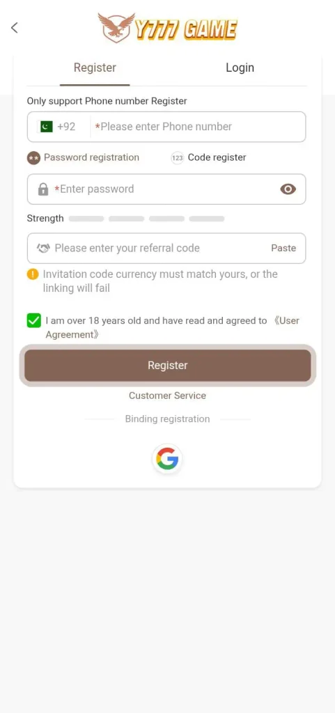 Y777 Game Register Process